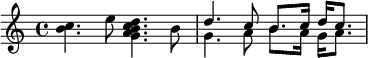  {
  << \clef treble
    \relative c'' {
      \time 4/4
      \stemNeutral <b c>4. e8 <g, a b c d>4. b8
      \stemUp d4. c8 b8. c16 d c8.
    } \\ \relative c'' {
      s1
      g4. a8 b8. a16 g a8.
    }
  >>
}
