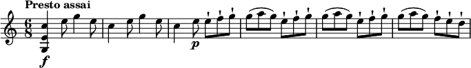 
\relative c' {
  \version "2.18.2"
  \key c \major
  \time 6/8
  \tempo "Presto assai"
  \tempo 4 = 150
   <g e' c'>4\f e''8 g4 e8
  c4 e8 g4 e8
  c4 e8\p e-! f-! g-!
  g (a g) e-! f-! g-!
  g (a g) e-! f-! g-!
  g (a g) f-! e-! d-!
}
