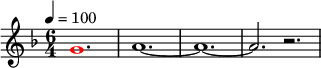 
\relative g'
{  
\time 6/4 
\tempo 4 = 100
\key f \major
\override Voice.NoteHead.color = #(rgb-color 1 0 0)g1. \override Voice.NoteHead.color = #(rgb-color 0 0 0)a1.~ a1.~ a2. r2.
} 
