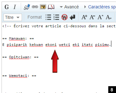 8. Si vous écrivez votre article en langue Atikamekw de Manawan, tapez votre texte sous "Manawan". Pareil pour "Opitciwan" et "Wemotaci".