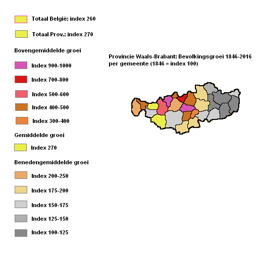 Provincie Waals-Brabant: bevolkingsgroei per gemeente 1846-2016