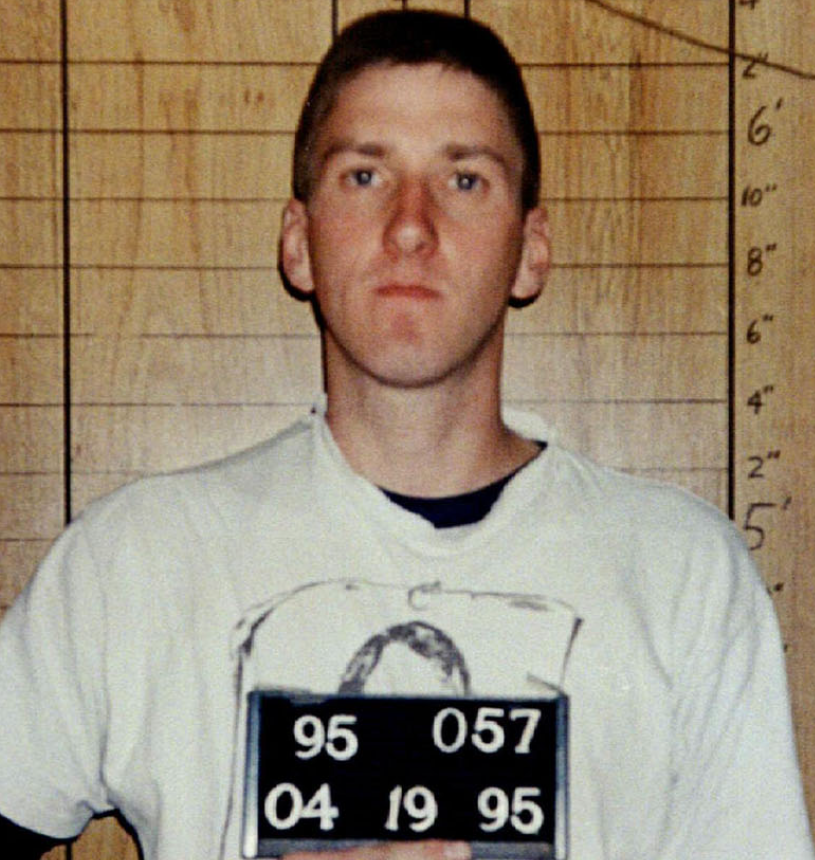 The mugshot of Timothy McVeigh, one of the two conspirators of the Oklahoma City Bombing.