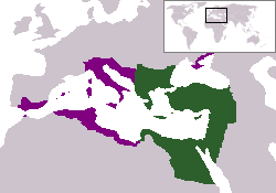 Byzantine Empire at its greatest extent c. 550. Territories in purple reconquered during reign of Justinian the Great