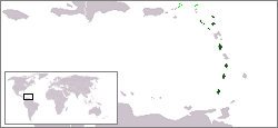 Map of the Eastern Caribbean showing OECS member states (dark green) and associate member states (light green)