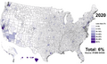 Asian Americans mapped to US counties in 2020 at their (most current) highest percentage, due to increased immigration from the Asian continent after lifted racial quotas on immigrants from Asia in the 1940s. Additional maps can be found on the Asian American wiki page.