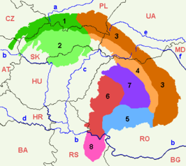 alt=Kaart met de verschillende delen van de karpaten: 1 Buitenste Westelijke Karpaten 2 Binnenste Westelijke Karpaten 3 Buitenste Oostelijke Karpaten 4 Binnenste Oostelijke Karpaten 5 Zevenburgse Alpen 6 Apusenigebergte 7 Zevenburgs Plateau 8 Servische Karpaten