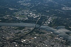 An aerial view of the Betsy Ross Bridge and Delair Bridge