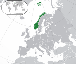 Location of the Kingdom of Norway (green) in Europe (green & dark grey)