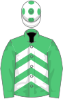 EMERALD GREEN and WHITE CHEVRONS, emerald green sleeves, white cap, emerald green spots