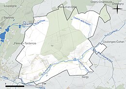 Carte en couleur présentant le réseau hydrographique de la commune