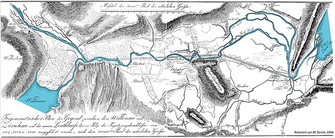 Die Linth vor und nach der Korrektion auf einem Plan um 1811; nachkoloriert der alte Linthlauf