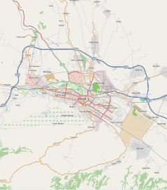 Mapa konturowa Skopje, po lewej znajduje się punkt z opisem „cerkiew Świętego Pantelejmona”