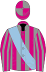 Cerise and grey stripes, quartered cap, blue sash