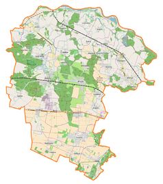 Mapa konturowa gminy Miękinia, blisko centrum na prawo u góry znajduje się punkt z opisem „Pałac w Brzezinie”