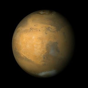 Mars Orbiter Camera view of Mars in enhanced color, centered on Arabia Terra (the bright area)[4]