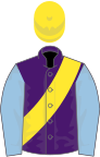 Purple, yellow sash, light blue sleeves, yellow cap