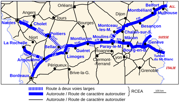 Carte détaillée du tracé de la route Centre-Europe Atlantique