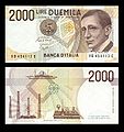 2000 lir - rub a líc bankovky vydané v roce 1990