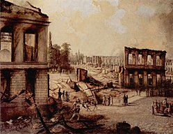 Gemälde von Karl Schröder: Schlossbrand und Schlossruine beim Braunschweiger Volksaufstand von 1830 gegen Herzog Karl II.