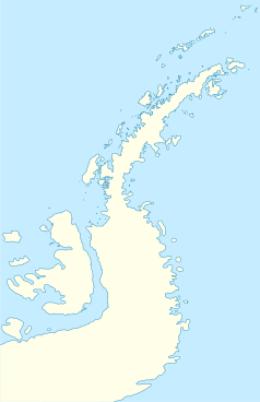 Mapa konturowa Półwyspu Antarktycznego, u góry po prawej znajduje się punkt z opisem „Seal Nunataks”