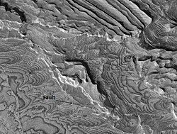 Becquerel crater layers with a fault, as seen by HiRISE.[15]