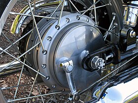 A drum brake at the spoked rear wheel of a Kawasaki W800