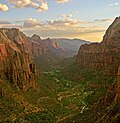 Zion Canyon at sunset in Zion National Park as seen from Angels Landing looking south