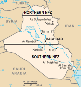 De no-flyzones in Irak. De zone aangeduid met Southern NFZ is de zone van Operatie Southern Watch.