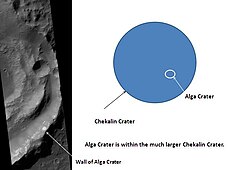 Alga Crater, as seen by HiRISE. Click on image to see the relationship between Alga Crater and the larger Chekalin Crater.