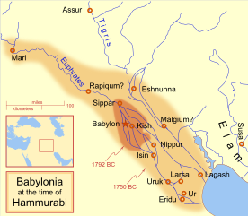 حمورابی کے دورِ حکومت ( 1792 ق۔ م۔ تا 1750 ق۔ م۔ ) میں سلطنتِ بابل کا نقشہ