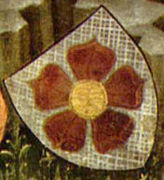 Wappen derer von Rosenberg mit ungespitzter, gestürzter Rose (am Altar der Hohenfurther Klosterkirche, 14. Jahrhundert)