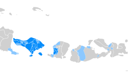 alt=Verdeling van Balinezen in Indonesië ■ Balinees is de moedertaal en de meerderheidstaal. ■ minderheid significant spreken Balinees.