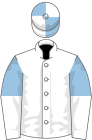 White, light blue and white halved sleeves, quartered cap