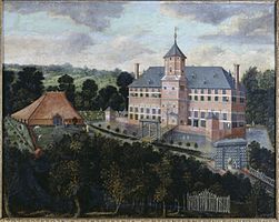 Scheltkema-Nijenstein op een 17e-eeuws schilderij met links het schathuis (gesloopt in 1817)