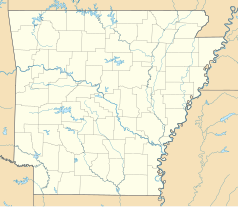 Mapa konturowa Arkansas, blisko lewej krawiędzi u góry znajduje się punkt z opisem „Highfill”