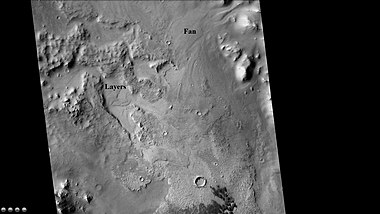 Fan, layers, and dunes on the floor of Jones Crater, as seen by CTX camera (on Mars Reconnaissance Orbiter). Note: this is an enlargement of the previous image of Jones Crater.