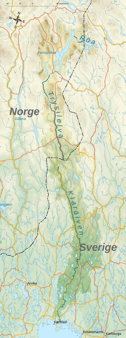 Klarälvens läge i Norge och Sverige. Även avvattningsområdet syns.