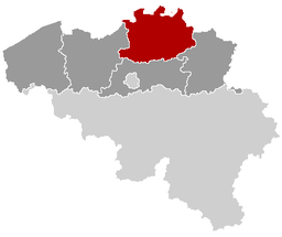 Provinsen Antwerpen (rött) i regionen Flandern (mörkgrått) och Belgien.