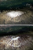 The decrease in snow/ice cover on the summit from 1993 (top) to 2000 (bottom)