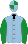 Light blue, green sleeves, quartered cap