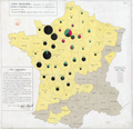 Mapa de Minard usando gráficos circulares para representar uma boiada enviada por toda a França para o consumo em Paris (1858).