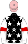 Black, white stars, white sleeves, red armlets, pink cap