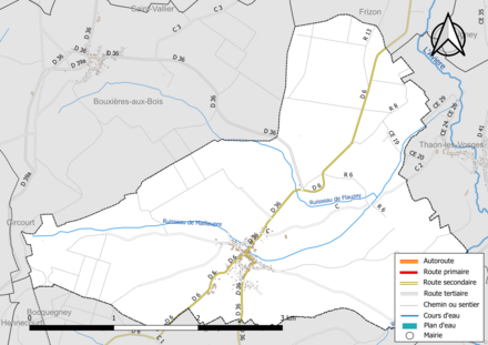 Carte en couleur présentant le réseau hydrographique de la commune