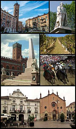 Kaliwang itaas: Piazza Medici (Plaza Medici) at Tore Troyana, Kanang itaas: Isang monumento kay Vittorio Alfieri sa Piazza Alfieri (Plaza Alfieri), Kaliwang gitna: Piazza Roma (Plaza Rome) at Tore Comentina, Gitnang kanang itaas: mga ubasan sa Mongardino, Gitnang kanang ibaba: Palio di Asti Kapistahan sa Setyembre, Ilalim: munisipyo at Simbahan ng San Secondo