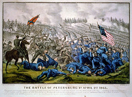 De derde slag bij Petersburg, Virginia op 2 april 1865, lithograaf van Currier and Ives