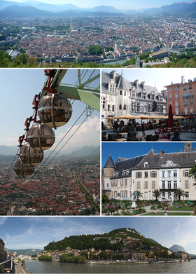 An tolpad gwelet eus ar Bastille, fungarr Grenoble, plasenn Sant-Andrev ha parlamant an Daofinez, leti Lesdiguières gwelet eus al liorzh-kêr ha Grenoble gwelet eus ribloù an Isère.