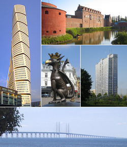 Fra øverst til venstre mod højre: Turning Torso, Malmøhus, Griffen på Gustav Adolfs Torv, Kronprinsen og Øresundsbroen.