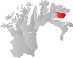 Mapa do condado de Finnmark com Vadsø em destaque.