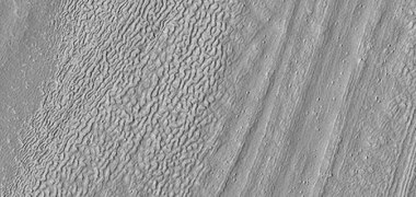 Close view of surface of Lineated Valley fill, as seen by HiRISE under HiWish program Location is Ismenius Lacus quadrangle. Image shows open and closed brain terrain.