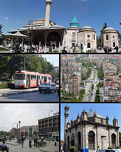 Tap: Mavlana Museum, Middle left: Konya Tramway in Alaaddin Street, Middle richt: Nalcaci Avenue in Seljcuklu Destrict, Bottom left: Mawlana Mosque an dountoun Beysehir Merkezi aurie, Bottom richt: Aziziye Mosque